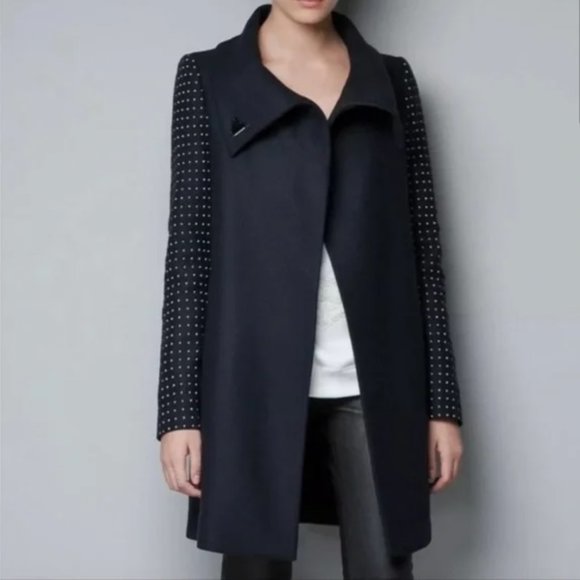 Zara Jackets & Blazers - ZARA Woman Navy Appliqué Studded Sleeve Wool Wrap Coat Size Medium